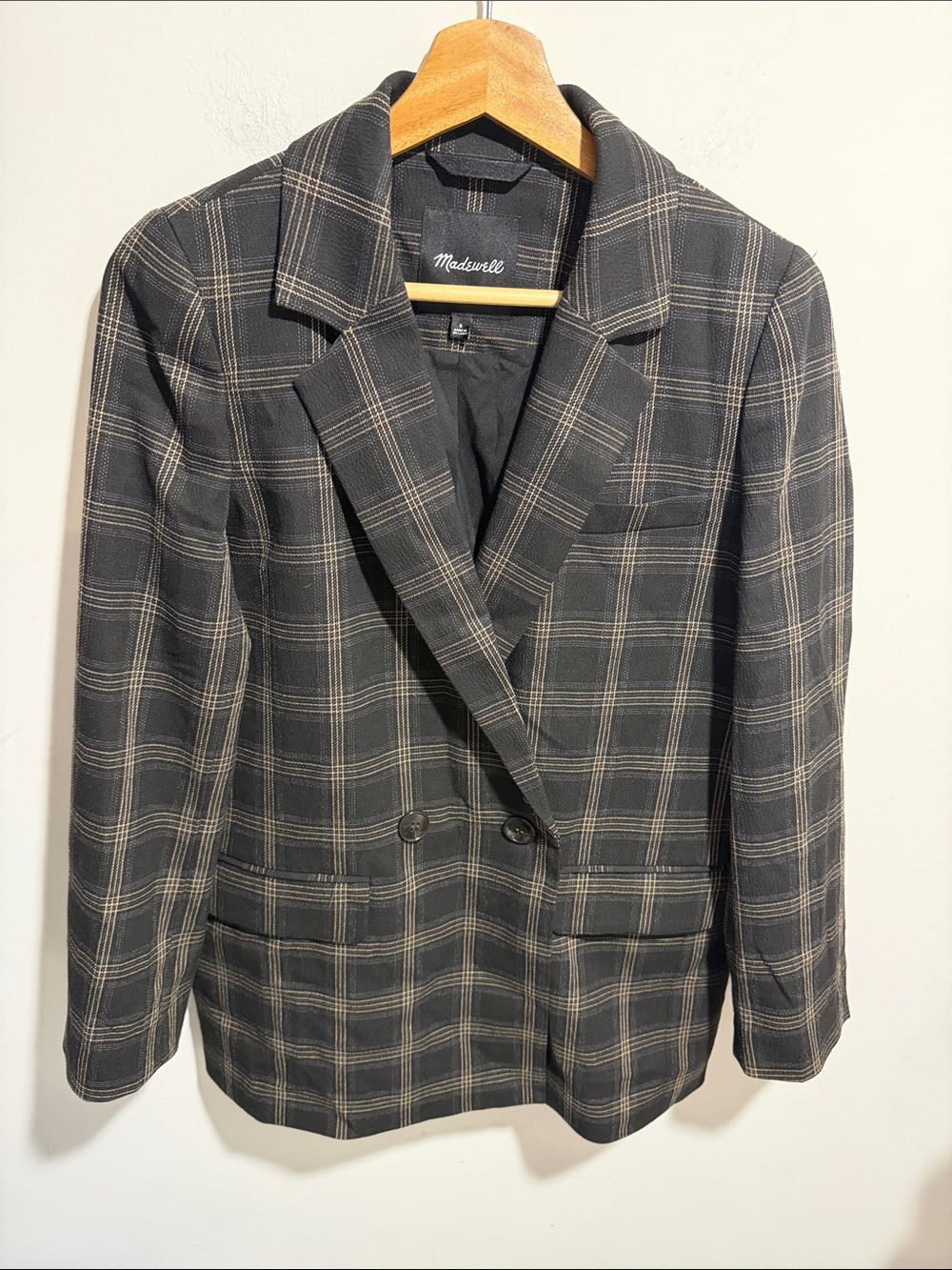 Madewell Black, Tan & Blue Plaid Double-Breasted Blazer Size Small NWOT